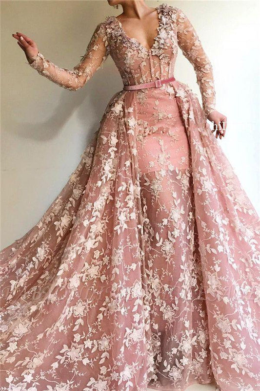 Sexy See Through Tulle Pink Long Sleeves Prom Dress CD20569