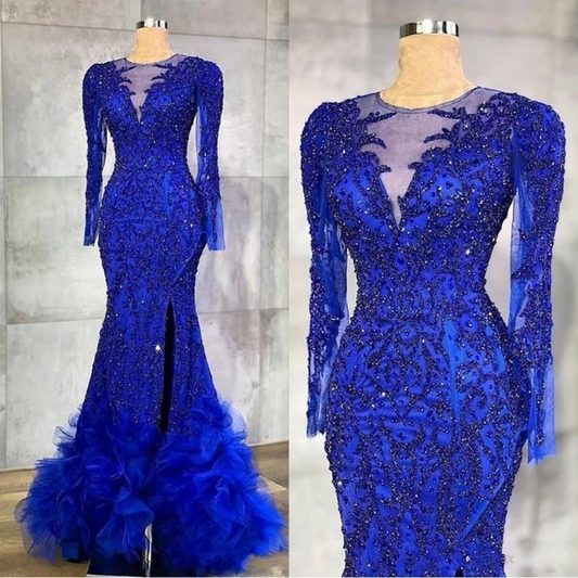 long prom dress Luxury Royal Blue Evening Dresses Beaded Crystals Sheer Neck Mermaid Arabic Aso Ebi Party Gowns CD20641