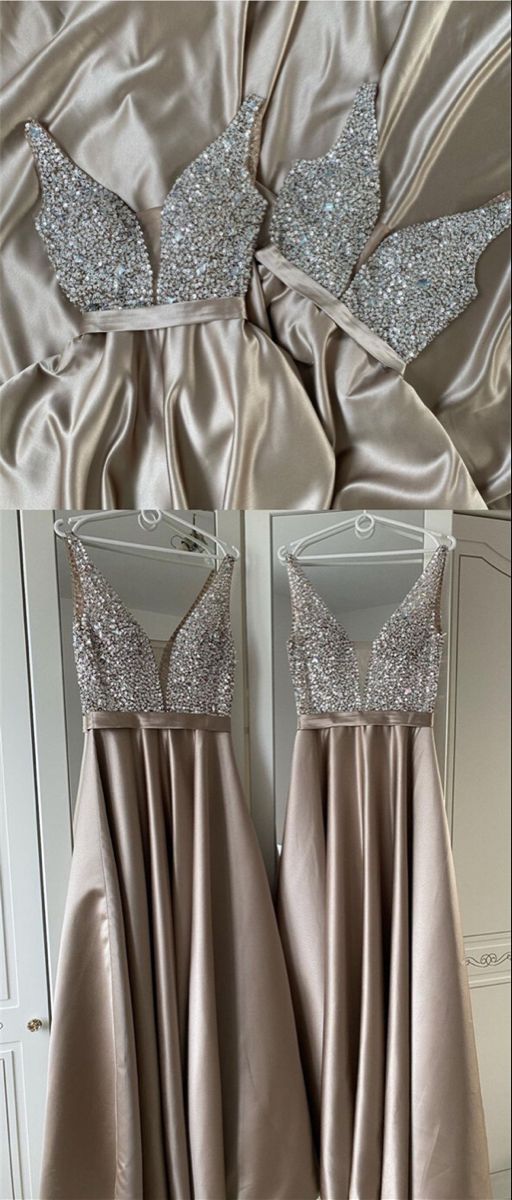 Long champagne satin bridesmaid dresses plunge neck beaded top Prom Evening Gown CD20717
