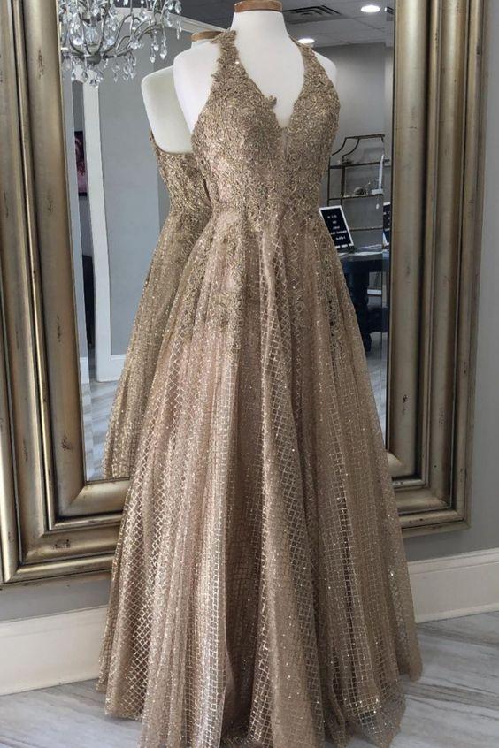 A-line gold halter long formal dress prom dress CD20721