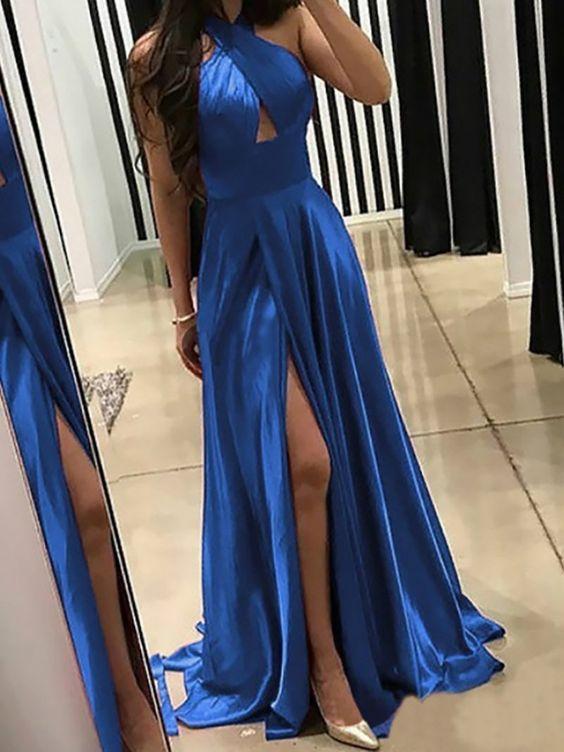 Blue satin long prom dress, evening dress CD20742
