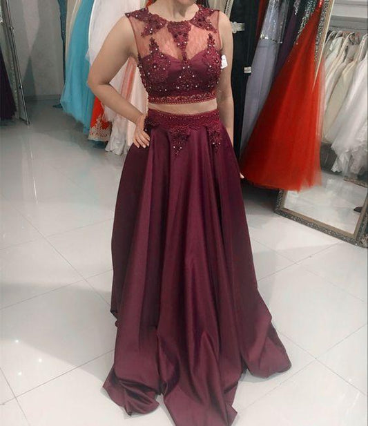 Burgundy prom dresses satin long formal two piece gowns CD20754