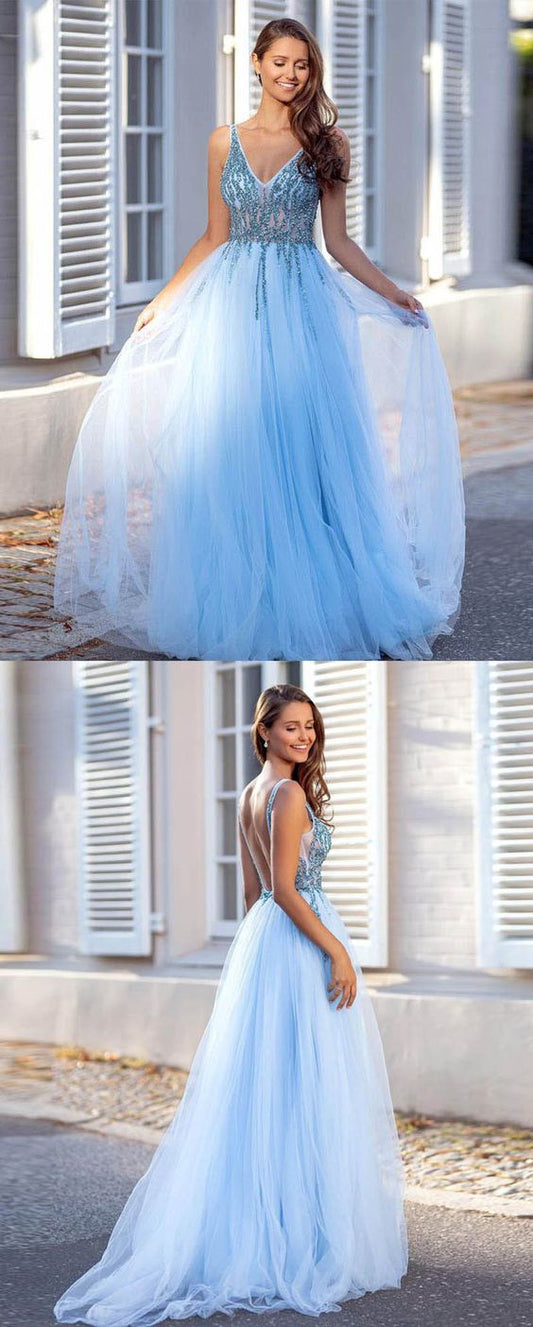 Stylish Beading Blue Long Graudation Dress For Girls Senior Prom Gown, Wedding Party Dress CD20766