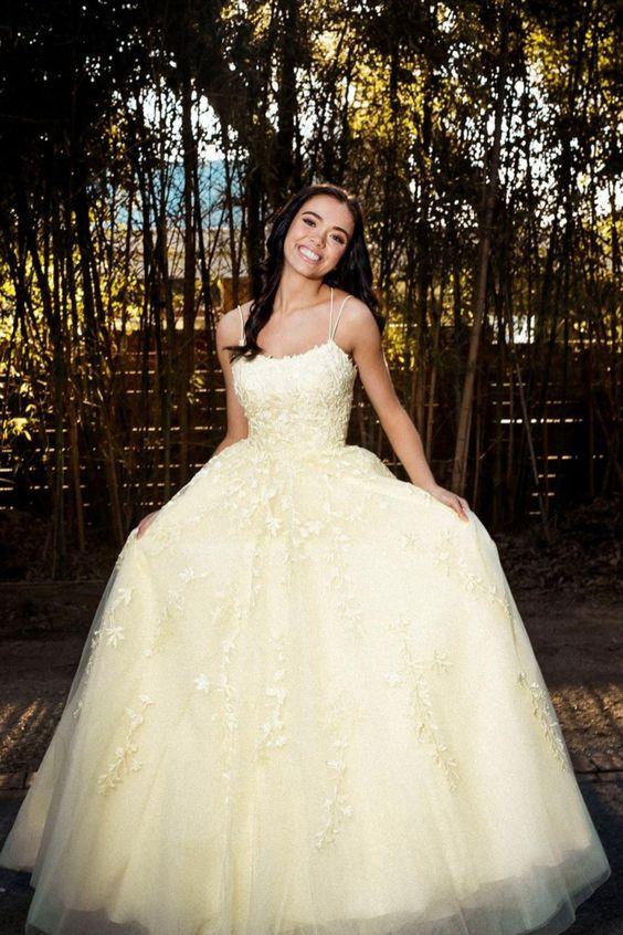 yellow long prom dress with appliques lace formal dress CD20814