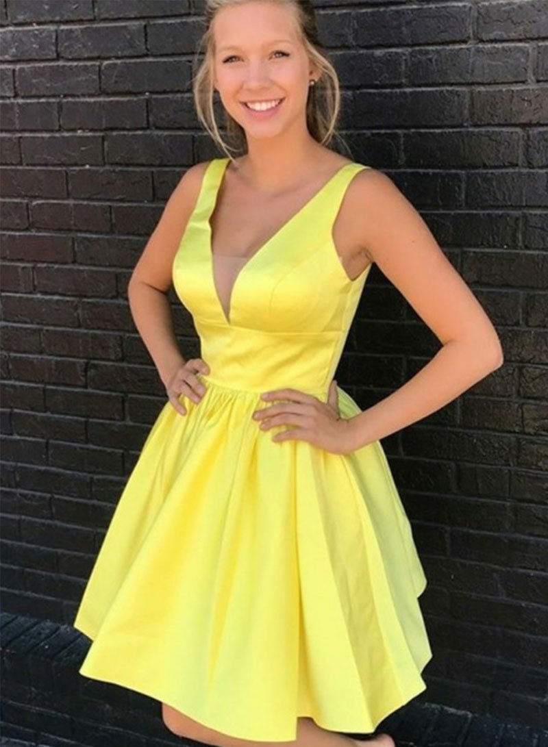 Yellow v neck short dress, homecoming dress CD2085