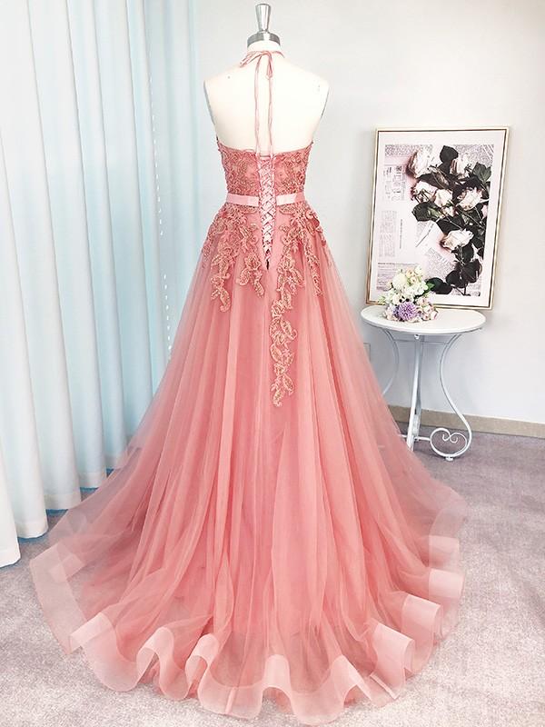 2022 A-Line Tulle Halter Long Pink Prom Dresses CD20886