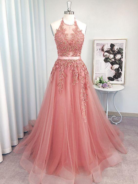 2022 A-Line Tulle Halter Long Pink Prom Dresses CD20886