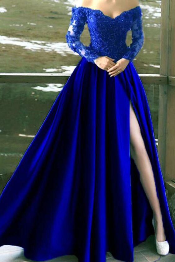 Long Sleeves Off The Shoulder Satin Lace Split Formal prom Dress Evening Gown CD20906