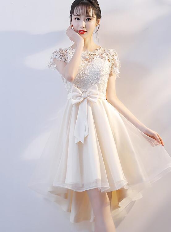 Lovely Champagne Tulle High Low Party Dress, Cute Lace Homecoming Dress With Bow CD2090