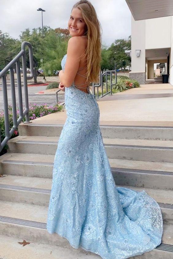 A-line white and blue embroidery long prom dress CD20912