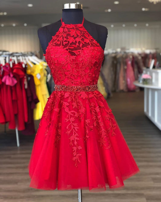 Stylish A Line Halter Red Short Homecoming Dress with Appliques CD20940
