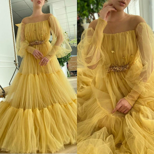 Yellow Beaded Long Sleeves Prom Dresses Off The Shoulder A Line Pleated Evening Gowns CD20963