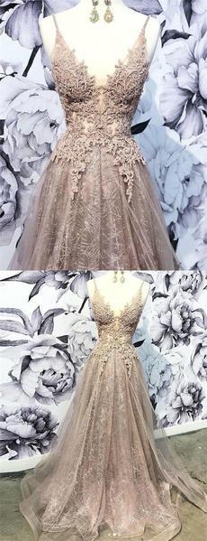 Champagne v neck tulle lace long prom dress, champagne tulle evening dress CD2097