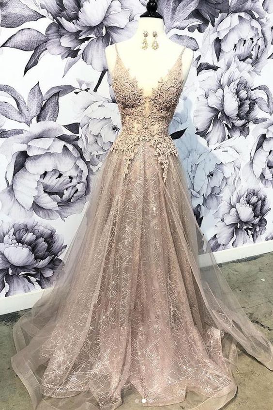 Champagne v neck tulle lace long prom dress, champagne tulle evening dress CD2097