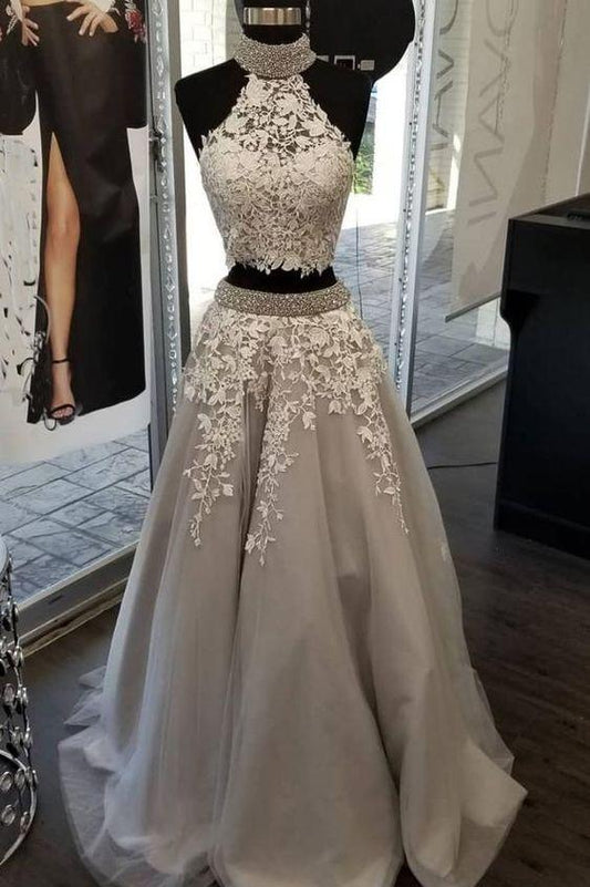 Gray tulle lace sequin beads long prom dress, gray evening dress CD2098