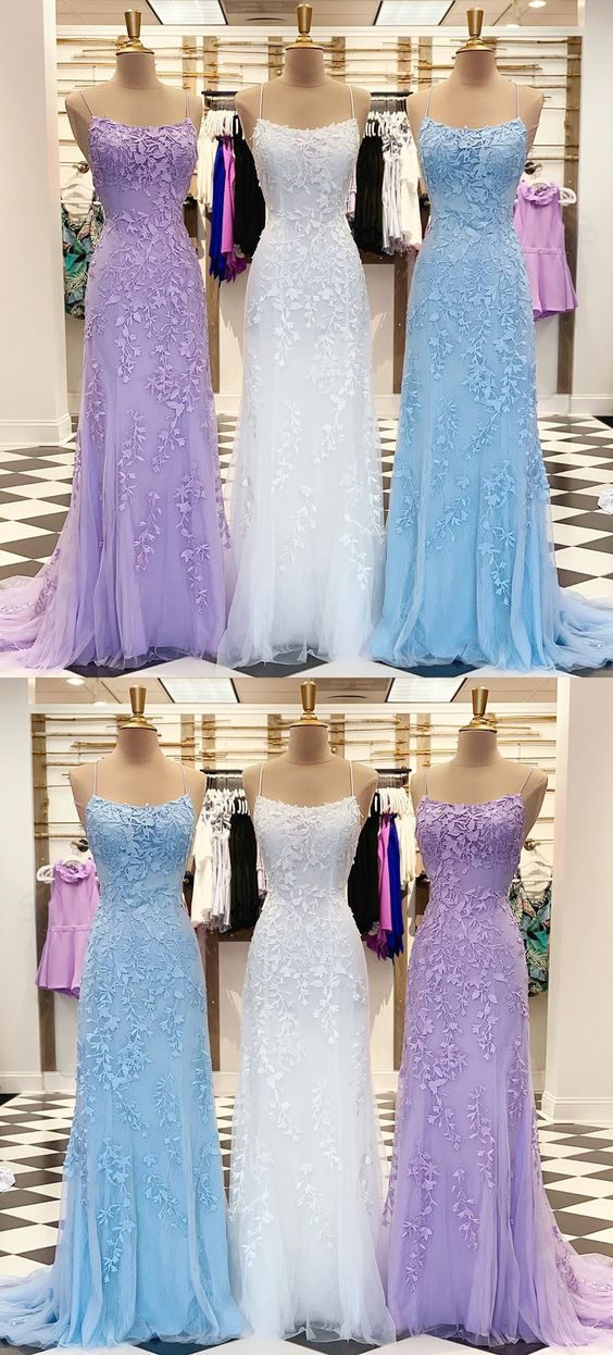 Sheath Spaghetti Straps Lace-Up Sweep Train Light Blue Prom Dress with Appliques CD2103