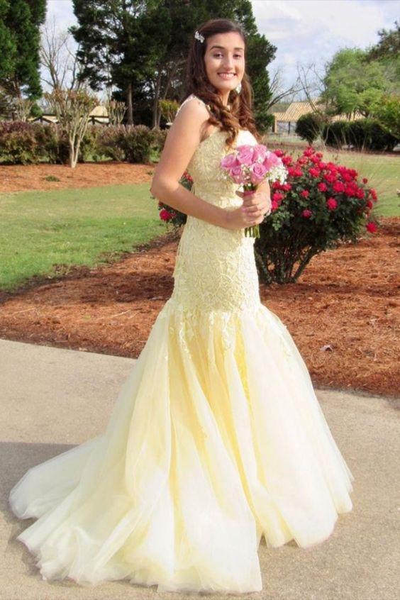 Straps Mermaid Yellow Lace Long Prom Dress CD21060