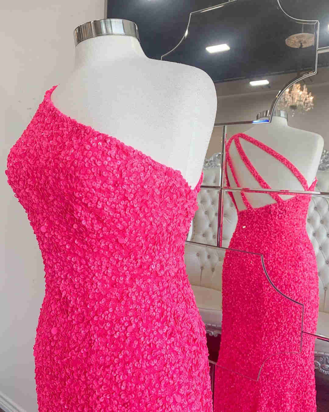 2024 one shoulder hot pink sequined prom dress CD21068