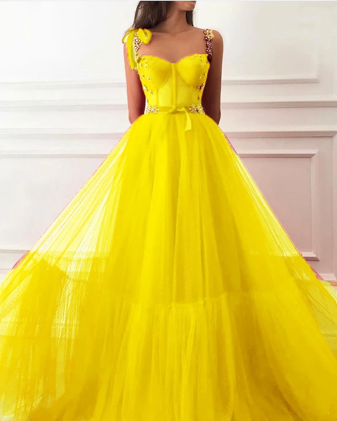 Ball Gown Scoop Floor-length Sleeveless Tulle Yellow Prom Dress/Evening Dress CD21086