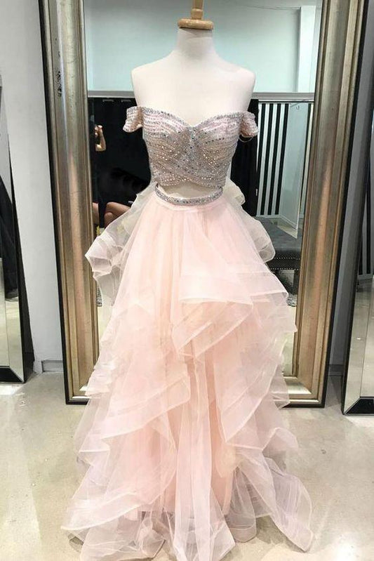 Pink two pieces beads tulle long prom dress, pink evening dress CD2111