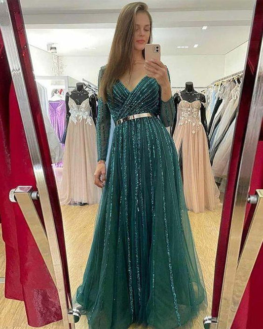 Elegant Emerald Green Long Sleeve Evening Dresses V Neck Tulle Sequins Women Party Gowns Prom Dress CD21155