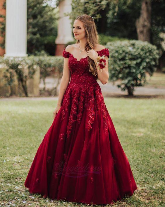 Red Off the Shoulder Tulle Long Prom Dress CD21157