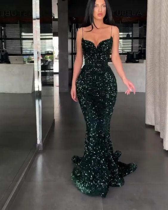 Sparkly Mermaid Sweetheart Spaghetti Straps Green Sequin Long Prom Evening Dresses CD21162