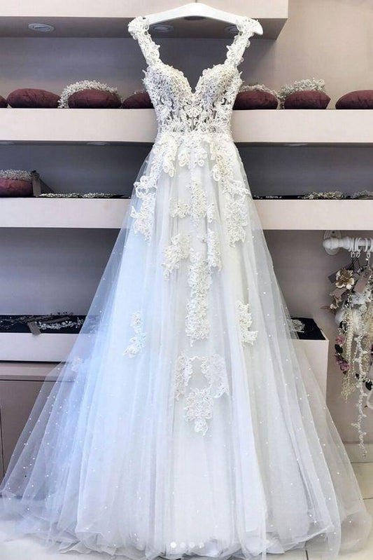 White v neck lace tulle long wedding dress, lace prom dress CD21190