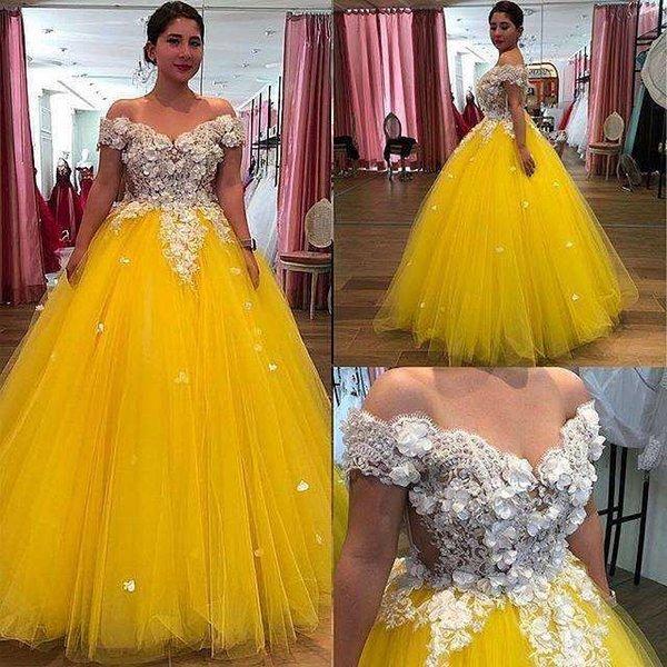 Tulle Evening Women Plus Size Yellow Prom Dresses CD21214