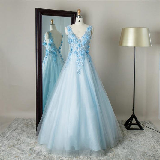 V Neck Tulle Balloon Gown Evening Women Plus Size Prom Dresses CD21215