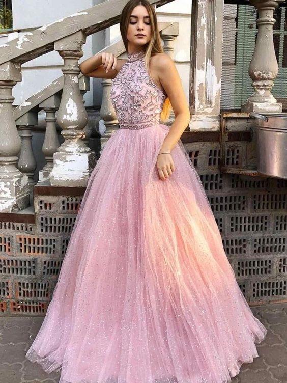 Halter Shining Tulle Prom Dresses A-line Appliqued Gowns CD21248