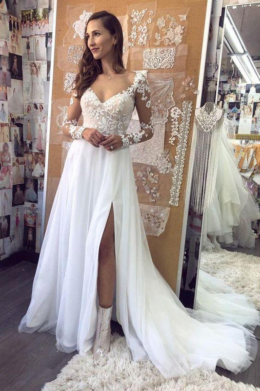 Elegant Long Sleeves White Lace Long Prom Dress, White Lace Wedding Dress CD21283