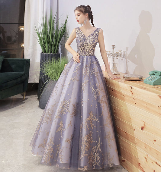 STYLISH V NECK TULLE SEQUINS LONG BALL GOWN PROM DRESS CD21312