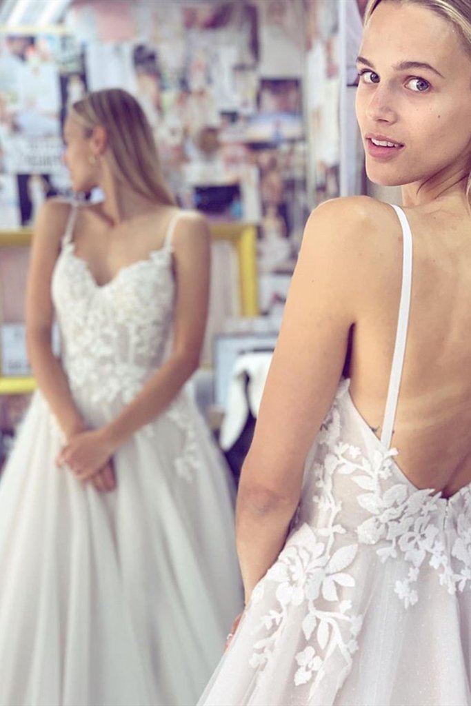 Thin Straps Backless White Lace Long Prom Wedding Dress, White Lace Formal Dress, White Evening Dress CD21334