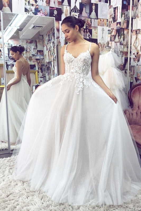 Thin Straps Backless White Lace Long Prom Wedding Dress, White Lace Formal Dress, White Evening Dress CD21334