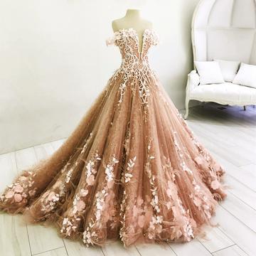 Long Champagne Prom Dress Lace Embroidery Off Shoulder Tulle Ball Gown Wedding Dresses CD21354