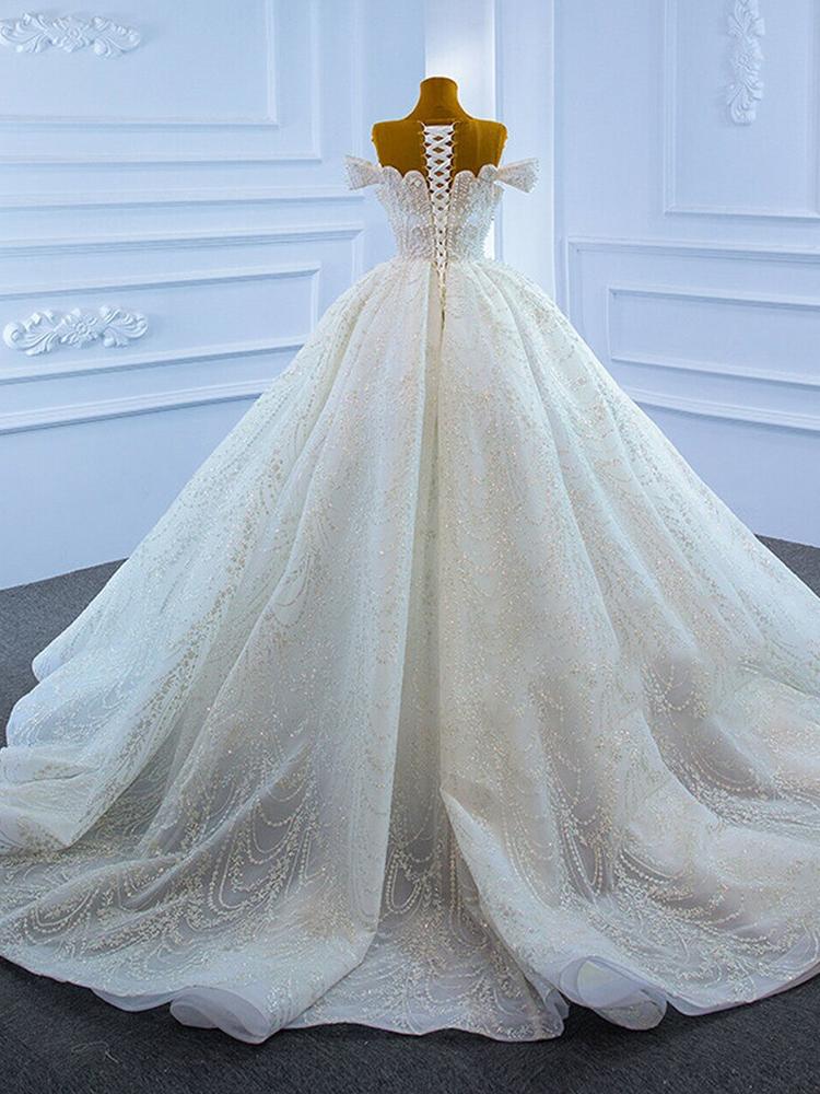 White Ball Gown Tulle Sequins Scoop Pearls Wedding Dress Party prom Dresses CD21368