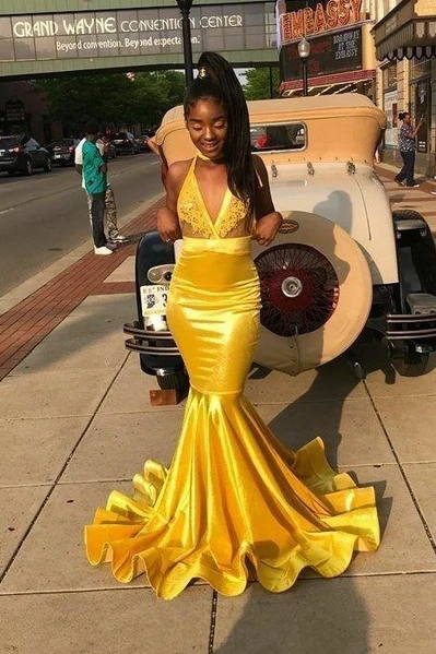 Yellow Bodycon Mermaid Prom Dresses Long with Appliuqes CD21424