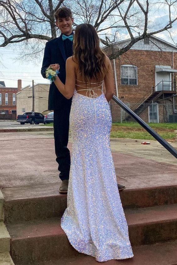 mermaid sequined long prom dress with lace up back CD21460
