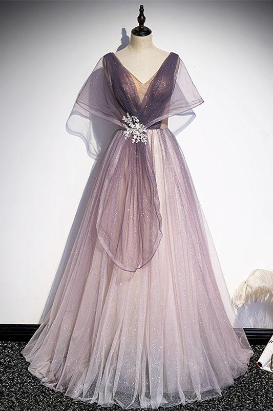 Glitter V-Neck Ombre Grape Long Prom Dress CD21515