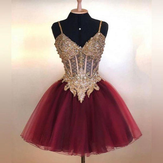 short homecoming dress burgundy beads lace homecoming gowns CD21528