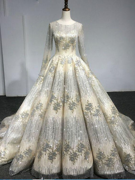 Long Sleeve Luxury Diamond Sparkly Wedding Dress prom dress CD21541
