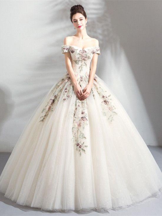 champagne embroidery flower princess wedding dress prom Dresses CD21569