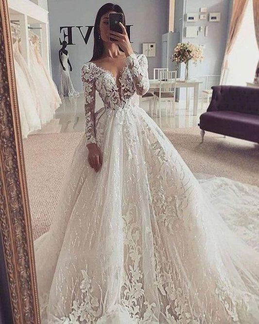 Gorgeous A-Line V Neck Long Sleeves Lace Wedding Dresses prom gown CD21582