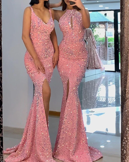 Pink Mermaid Prom Dresses Sequins Evening Gowns CD21670