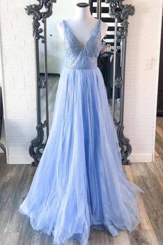 A-line blue tulle long formal dress prom dress CD21695