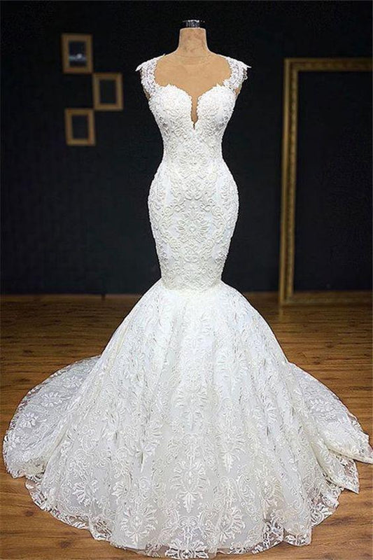 Straps Mermaid Wedding Dresses With Appliques Tulle Ruffles Lace Bridal Gowns Prom Dresses CD21744