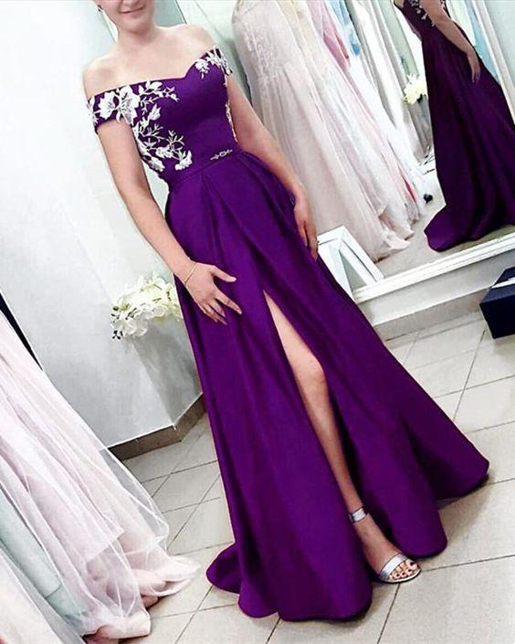 Long Split Prom Dresses Off Shoulder Lace Embroidery CD21757