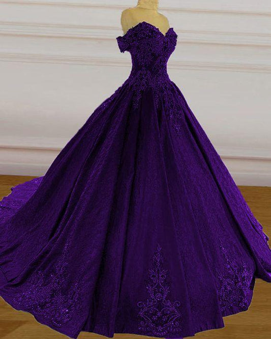 Purple wedding dresses lace ball gown prom dress off the shoulder for women CD21852