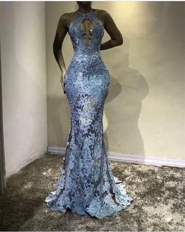 Unique Halter Top See Through Lace Prom Dress Mermaid Evening Gowns CD2190